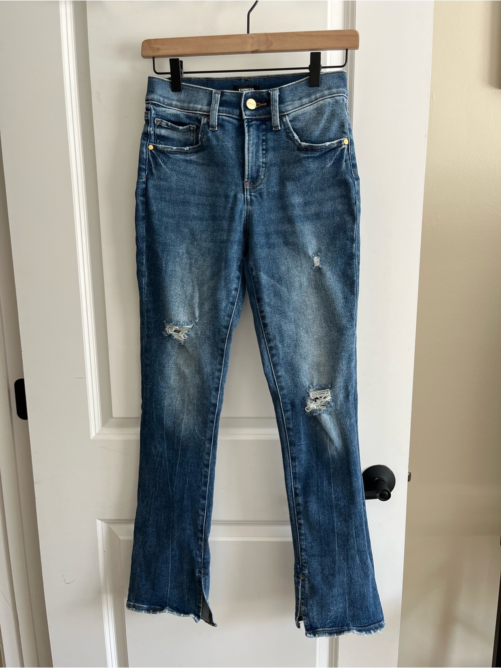 Express Women's Blue Distressed Flare Jeans Size 2R